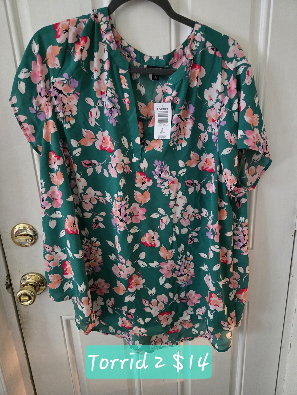 torrid Green Floral V-Neck Blouse with Pink & Peach Flowers